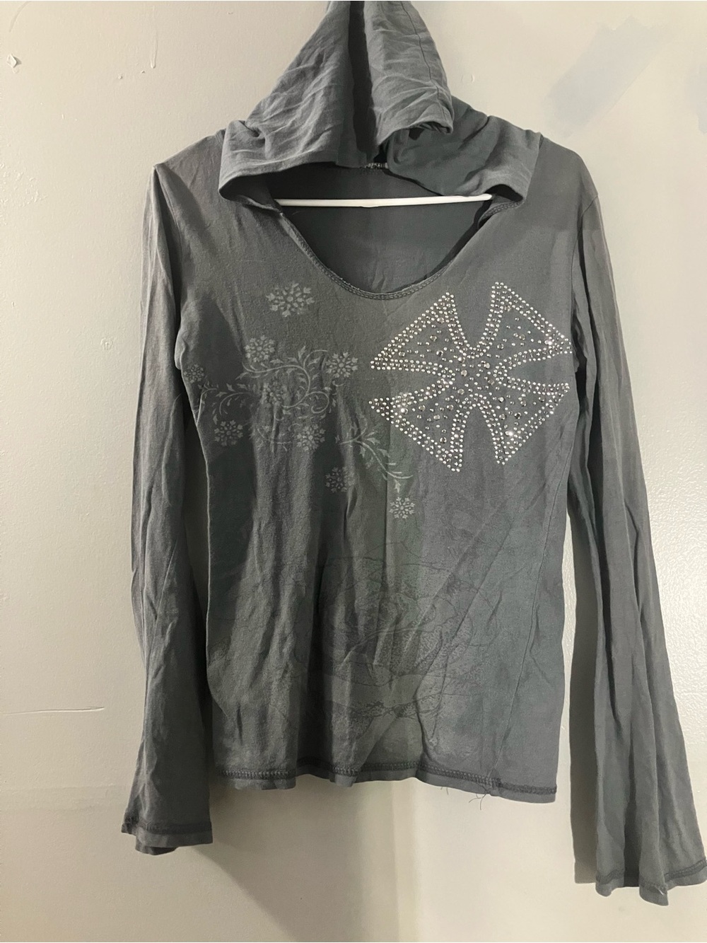 Vocal Gray Hooded Long-Sleeve Top with Studded Star